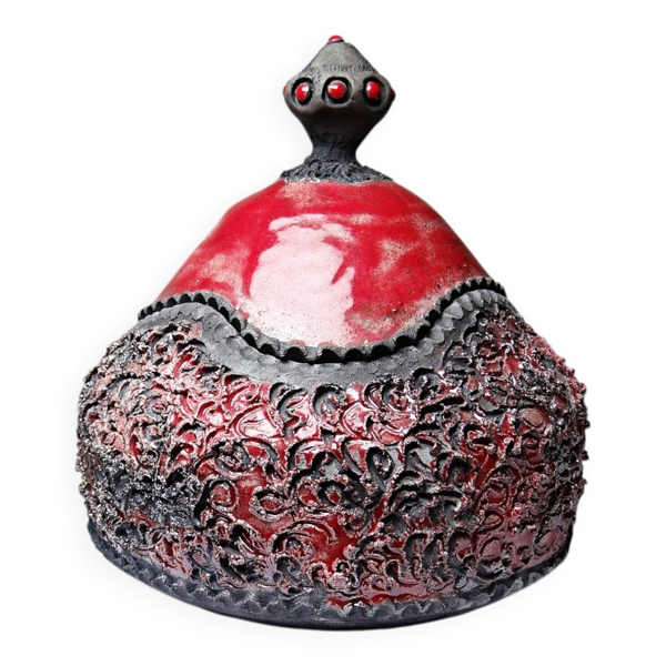 Boîte à bijoux en raku artisanal rouge et gris vintage années 2000 — Beyit