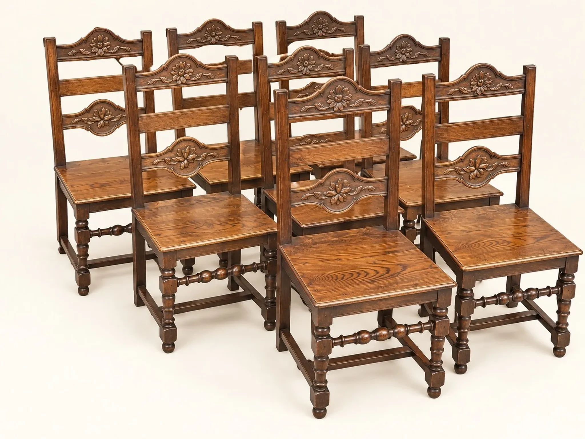 Set of 8 Rustic Chairs in Henri II Style, Carved Oak