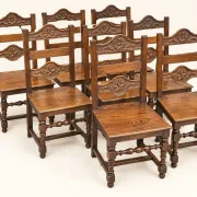 Set of 8 Rustic Chairs in Henri II Style, Carved Oak