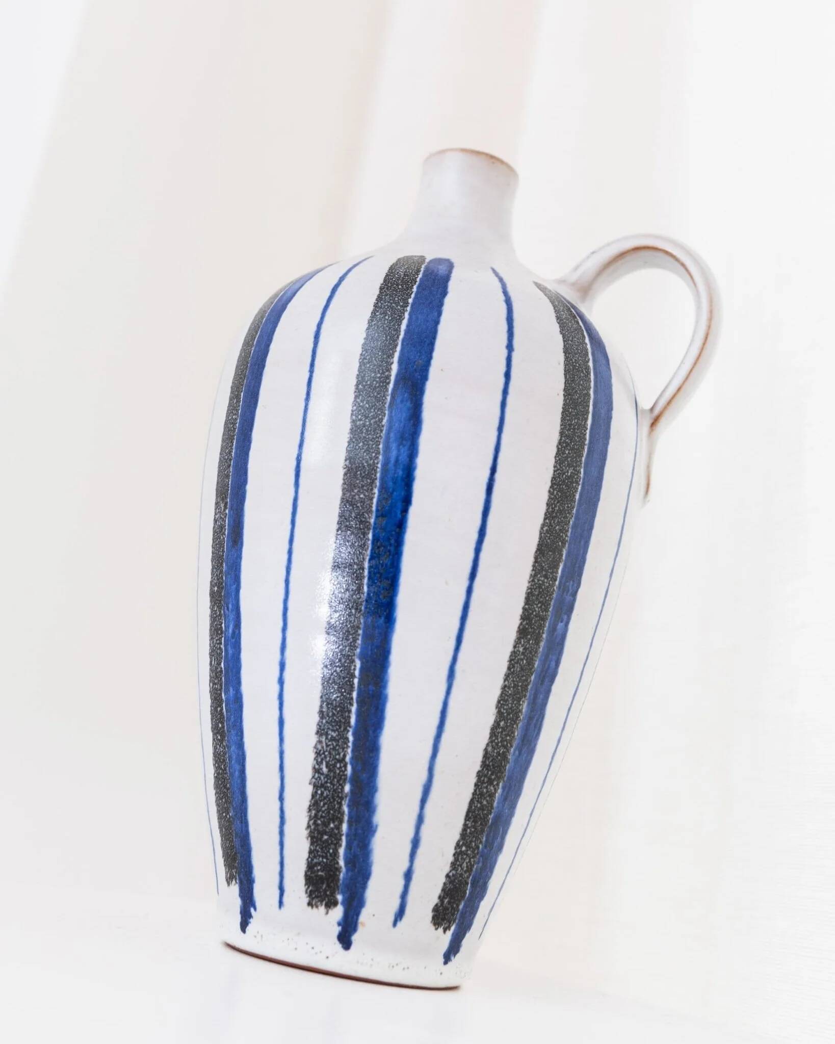 Blue Ceramic Vase by Friedel for PGH Bürgel, Mid-Century Keramik, 1960s, Hand-Painted Stripes