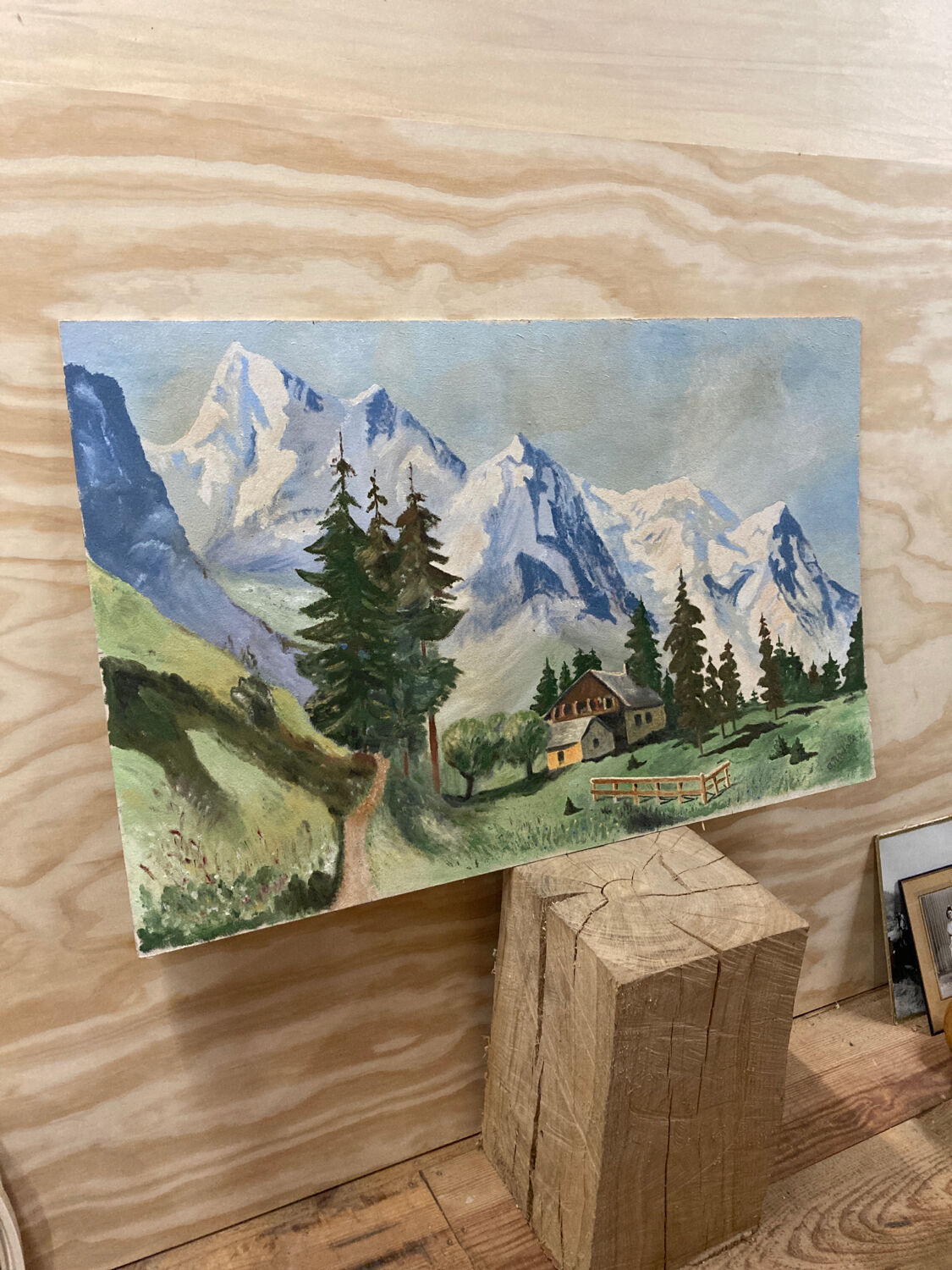 Large chalet mountain landscape oil on panel / old painting