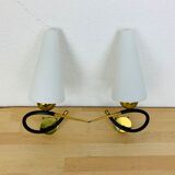Pair of Arlus 50s opaline black and golden brass wall lamps