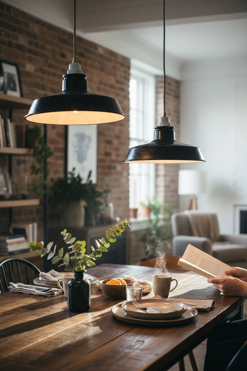 Pair of black and white industrial pendant lights with ceramic sockets