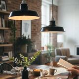 Pair of black and white industrial pendant lights with ceramic sockets