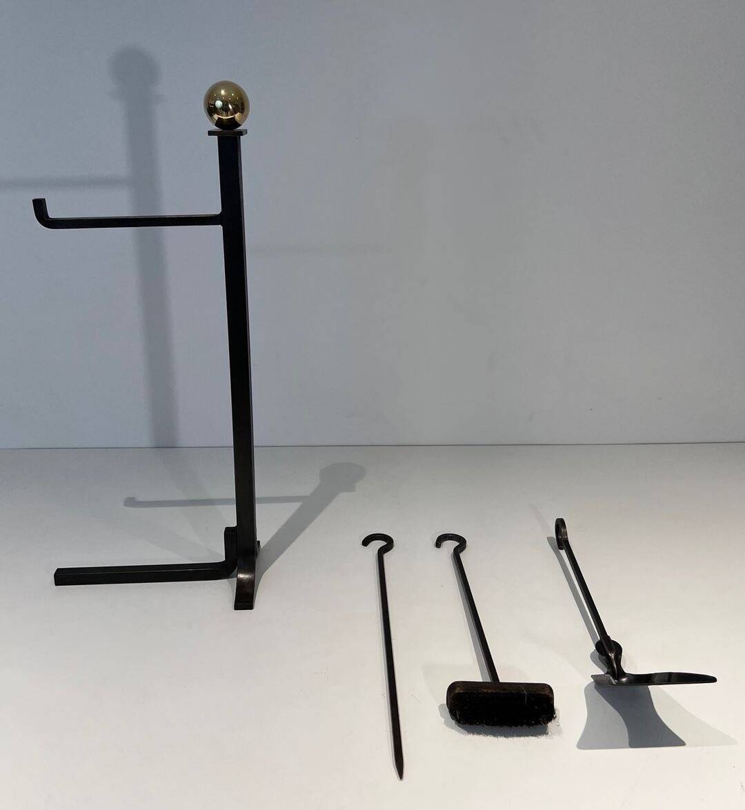 Modernist Fire Necessities in Steel and Brass with Hanging Tools, in the