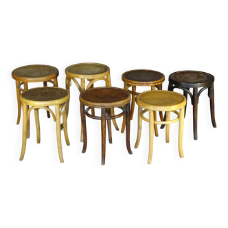 7 bistro stools with wooden seats, Thonet, Baumann, 1920 to 1950.