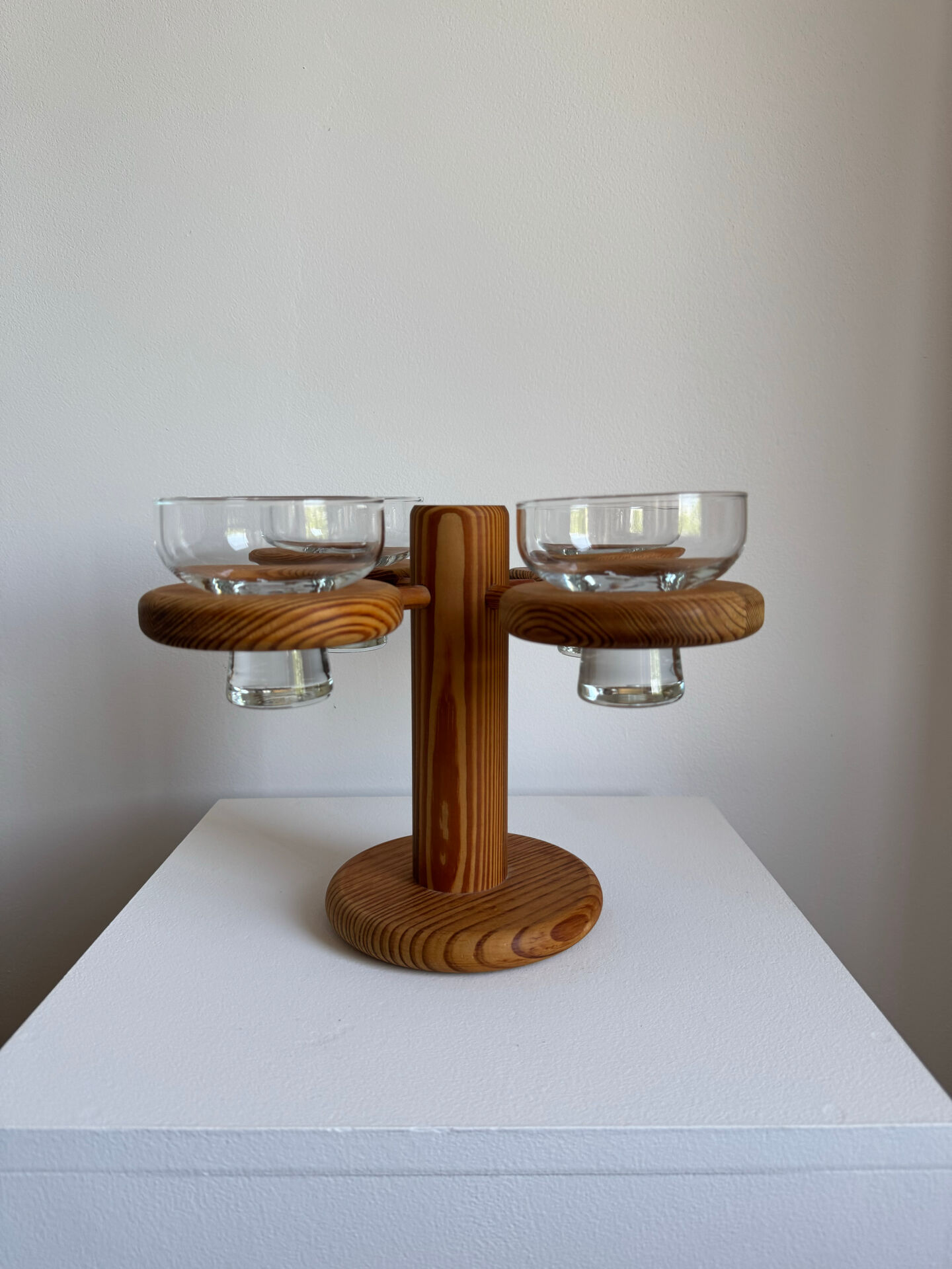 Vintage Mid Century Large Wood Candelabra With Four Glass Cups
