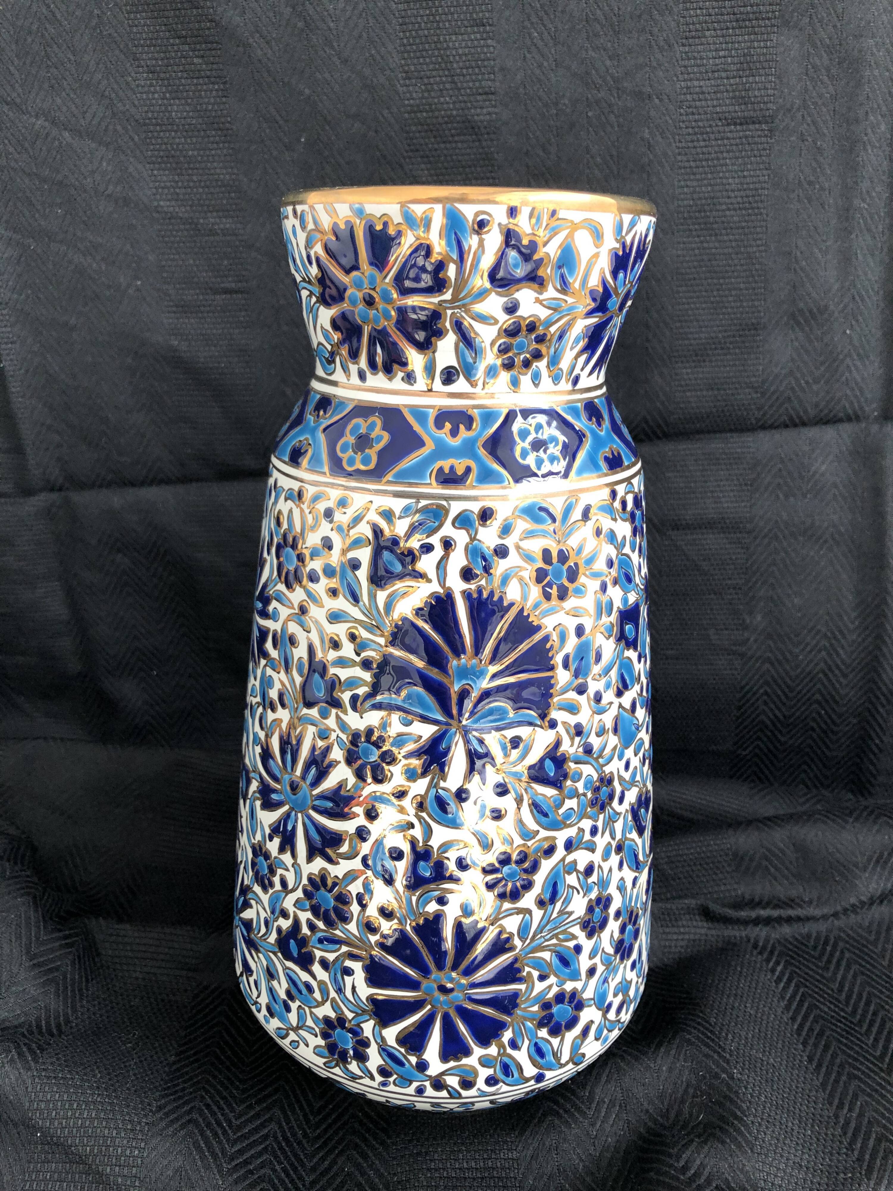 Vase grec vintage Nassos Hellas Rodos or bleu et blanc