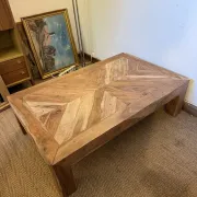 Large coffee table made of solid sheesham wood, with a diamond point marquetry top.