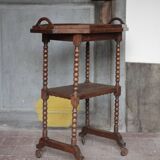 Vintage turned wood dessert trolley, wheeled table with removable top.