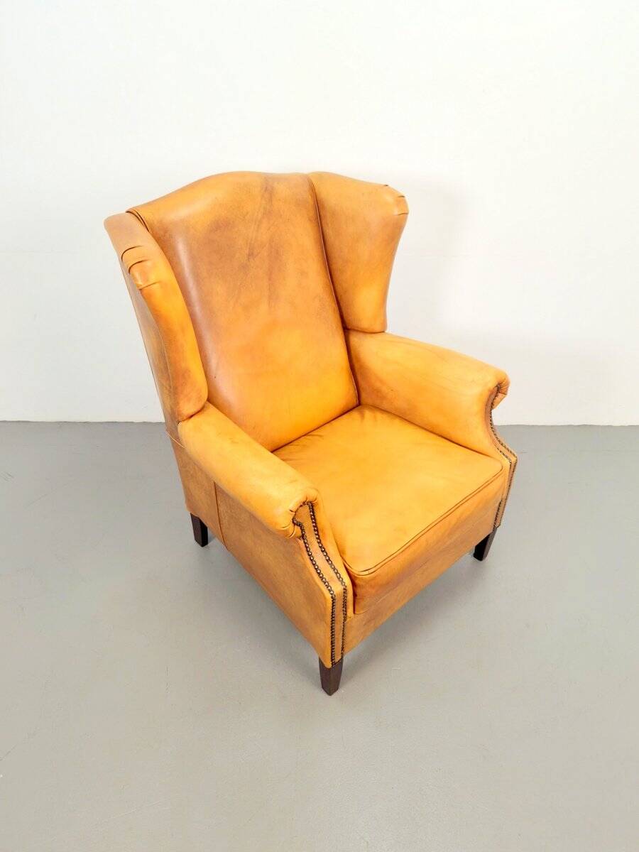 Vintage Sheepskin Leather Wing-Back Chair, 1970s