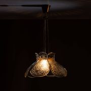 Swedish pendant with glass leaf shades and a center shade of amber coloured