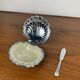 Shell butter dish with vintage knife, silver metal and white insert