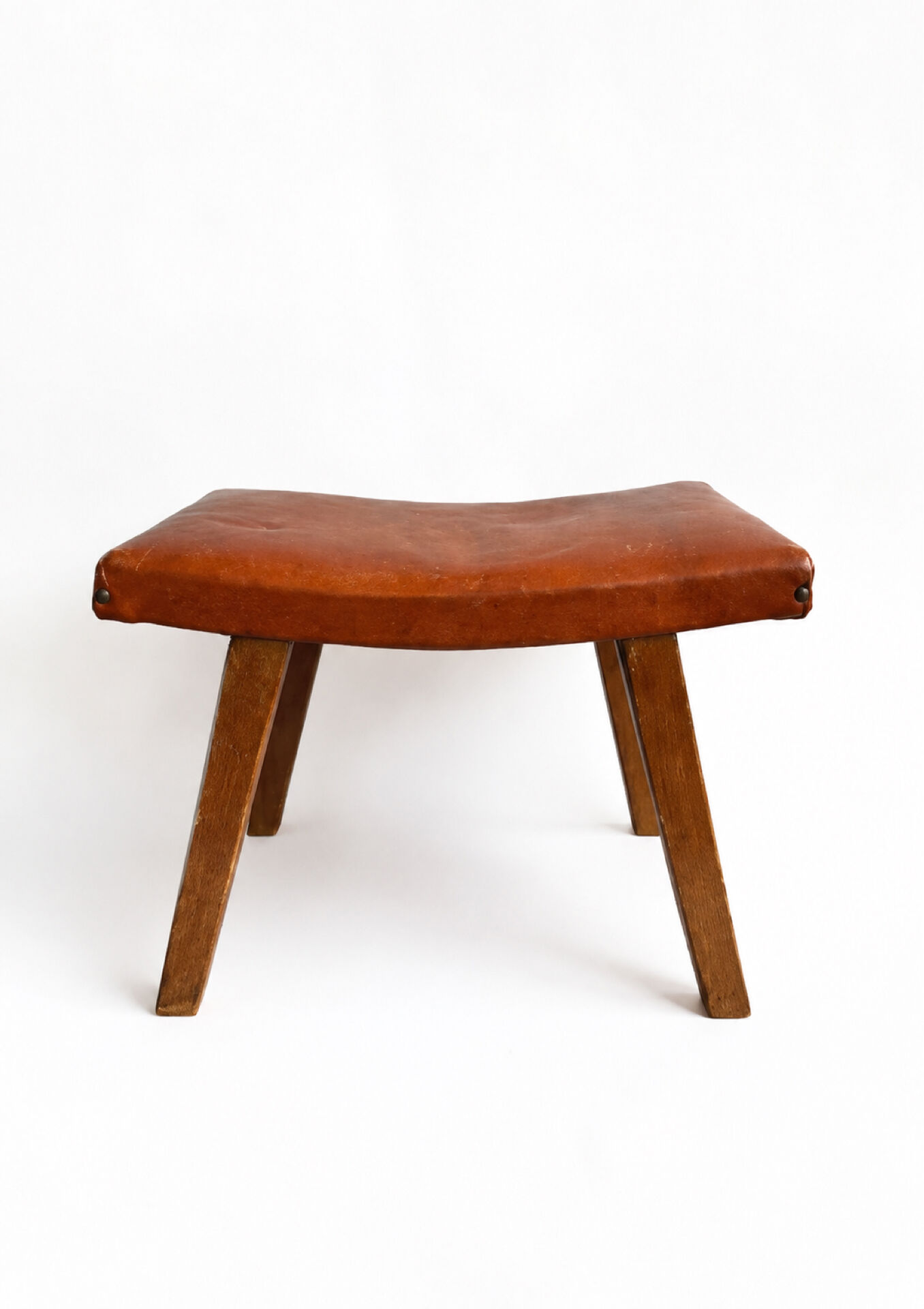 Mid-Century Modern Curved Saddle Leather Footstool Stool Brutalist Ott