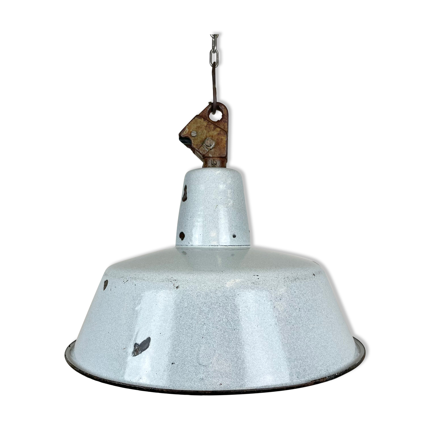 Industrial Grey Enamel Factory Lamp with Cast Iron Top, 1960s