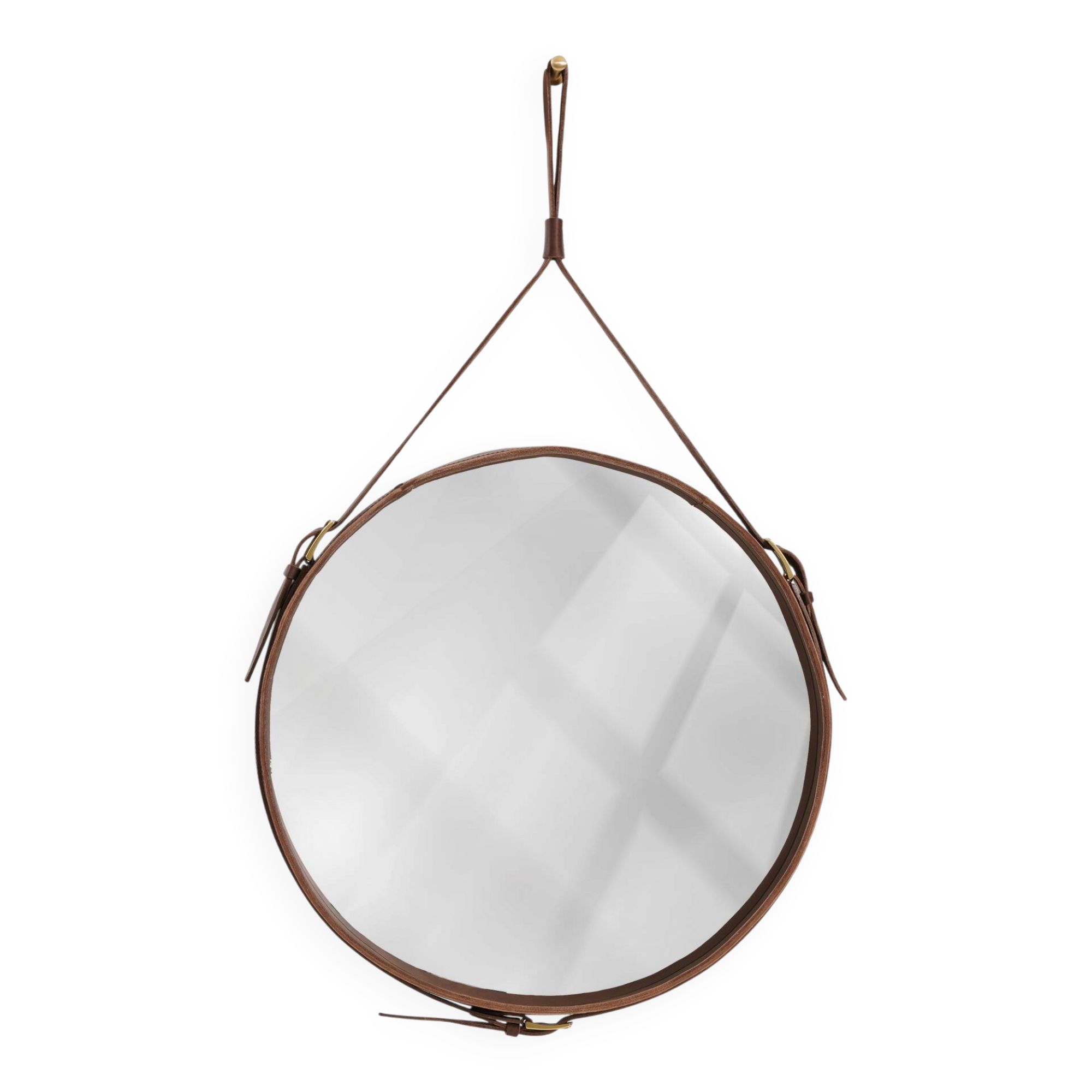 Handmade J. Adnet style mirror in brown vegetable-tanned leather, ø 45 cm