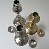 three brass and chrome candle holders early twentieth century
