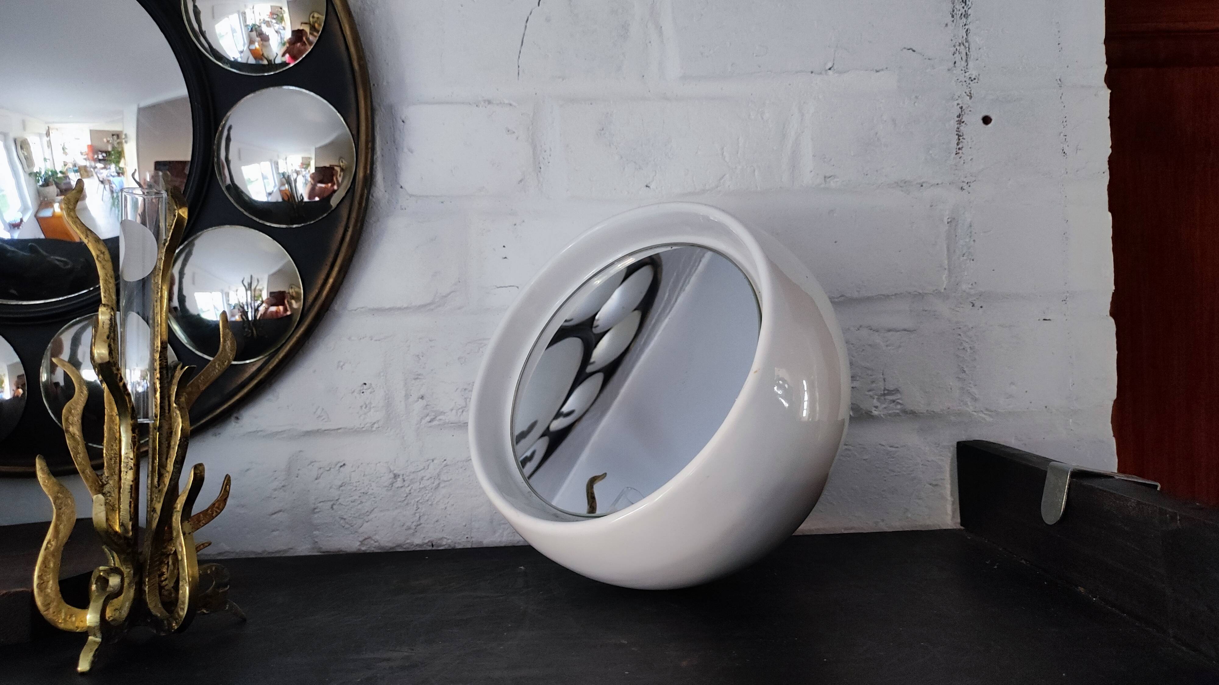 White Ceramic Table Mirror Weighted in a Space Age Ball Shape