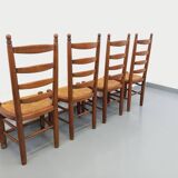 Set of 4 vintage brutalist Charles Dudouyt chairs in wood and straw from the 60s