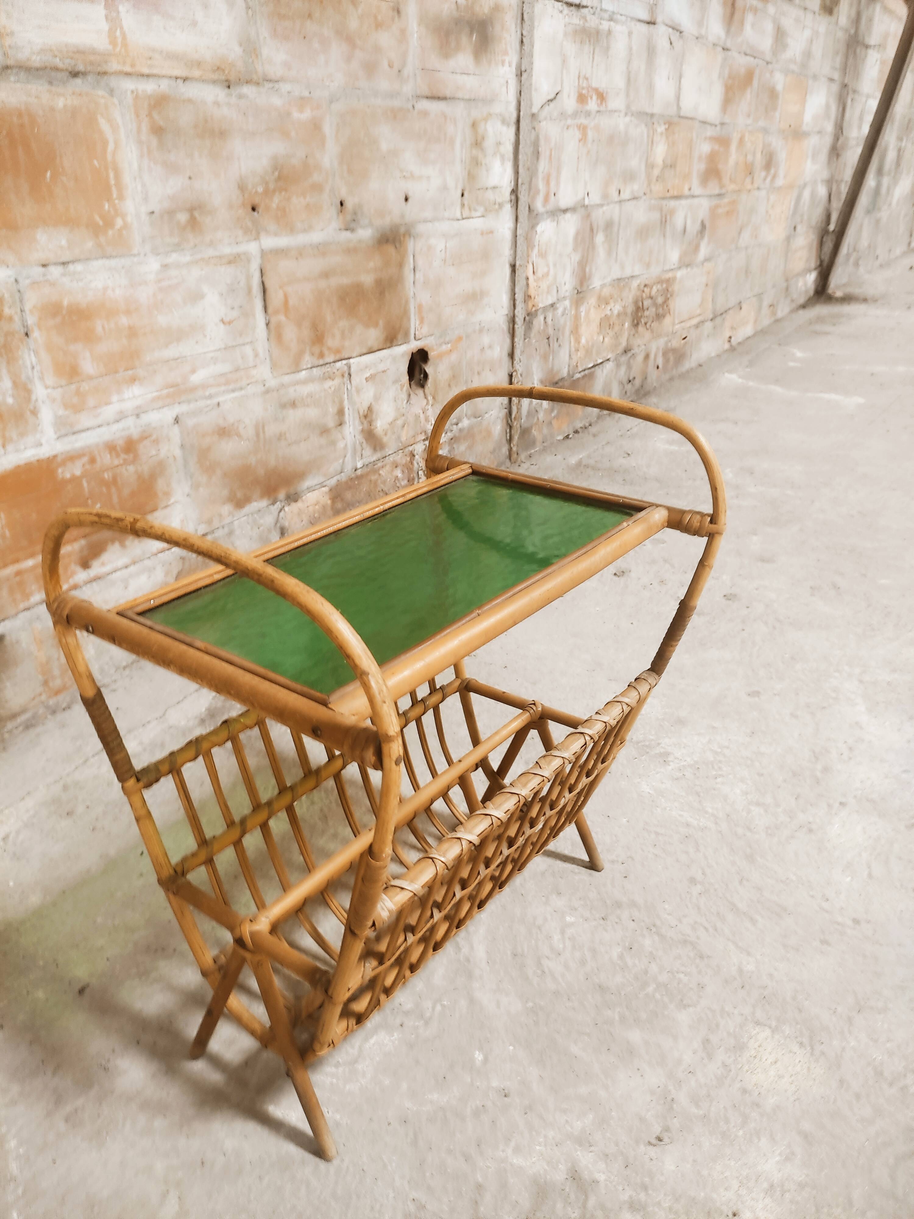 Rattan magazine holder, glass top