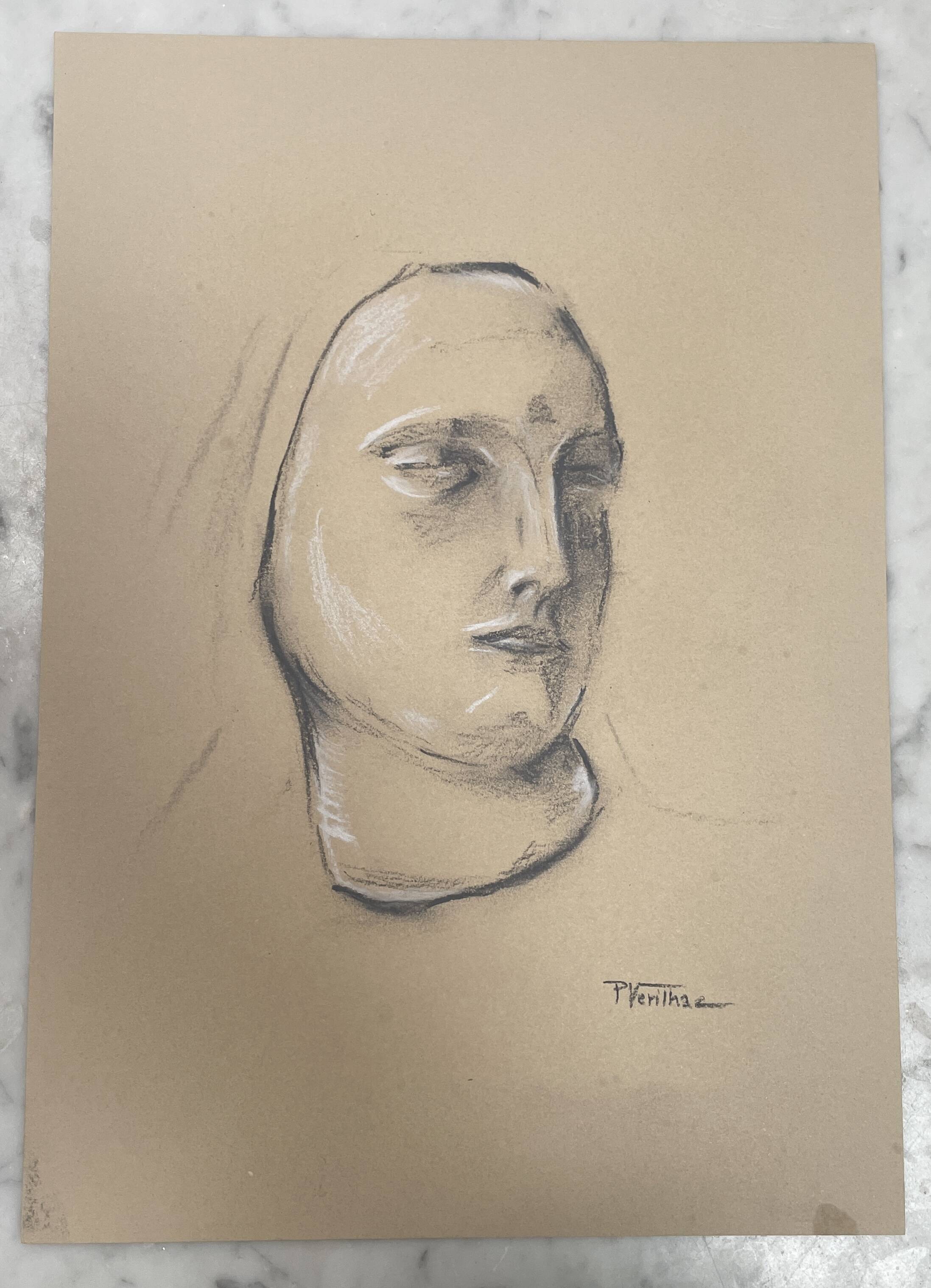 Signed drawing, charcoal study of a woman's face for workshop plaster.