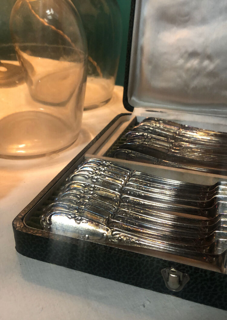 Set of 12 fish cutlery in silver metal