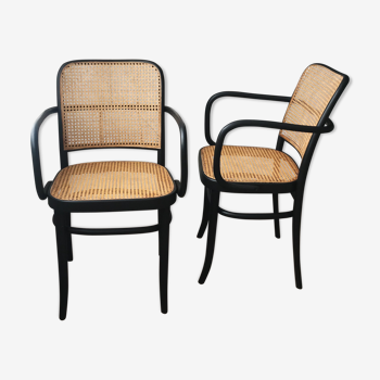 Paire fauteuils 811 design Josef Hoffman en bois courbé noir et cannage