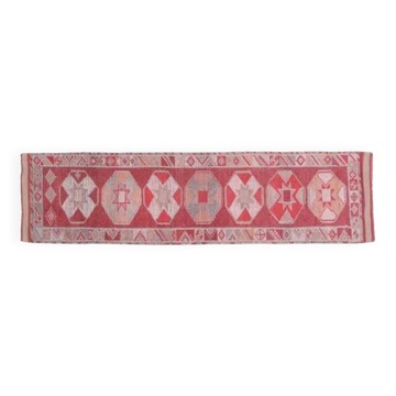 1970s Vintage Turkish Oushak Handmade Wool Cotton Pink Runner Rug 81x323
