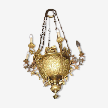 Lustre chateau neogothique viollet le duc XIX e bronze doré