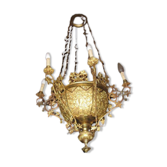 Lustre chateau neogothique viollet le duc XIX e bronze doré