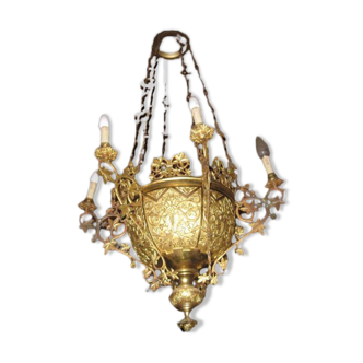 Large chandelier Chateau Neogothique Viollet the Duke XIX e Golden Bronze