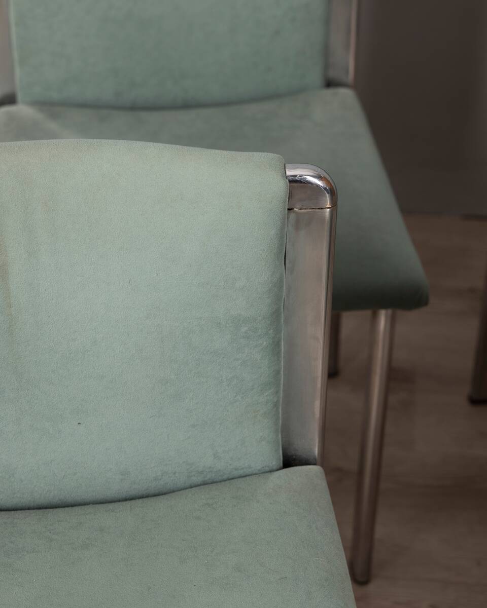 Lot de 4 chaises vintage 70's en metal et tissu turquoise design italien