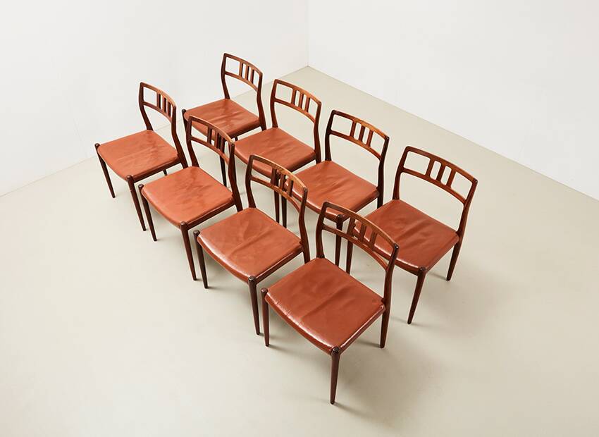 Niels Otto Moller Set of 8 Model 79 Dining Chairs in Rosewood and Leather for JL Mollers 1966