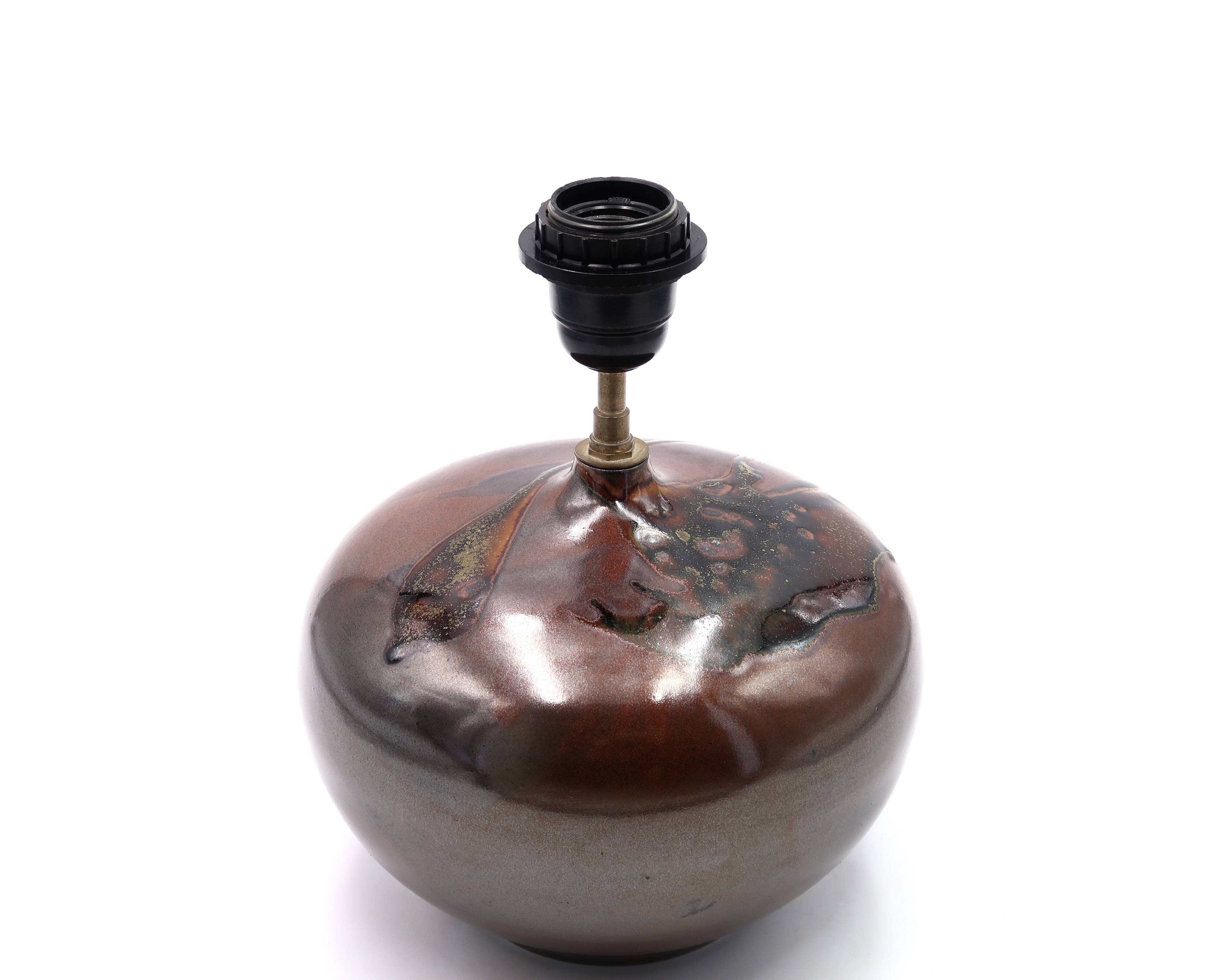 Ceramic and brass lamp by Jean Cacheleux, abstract decor, 1970s