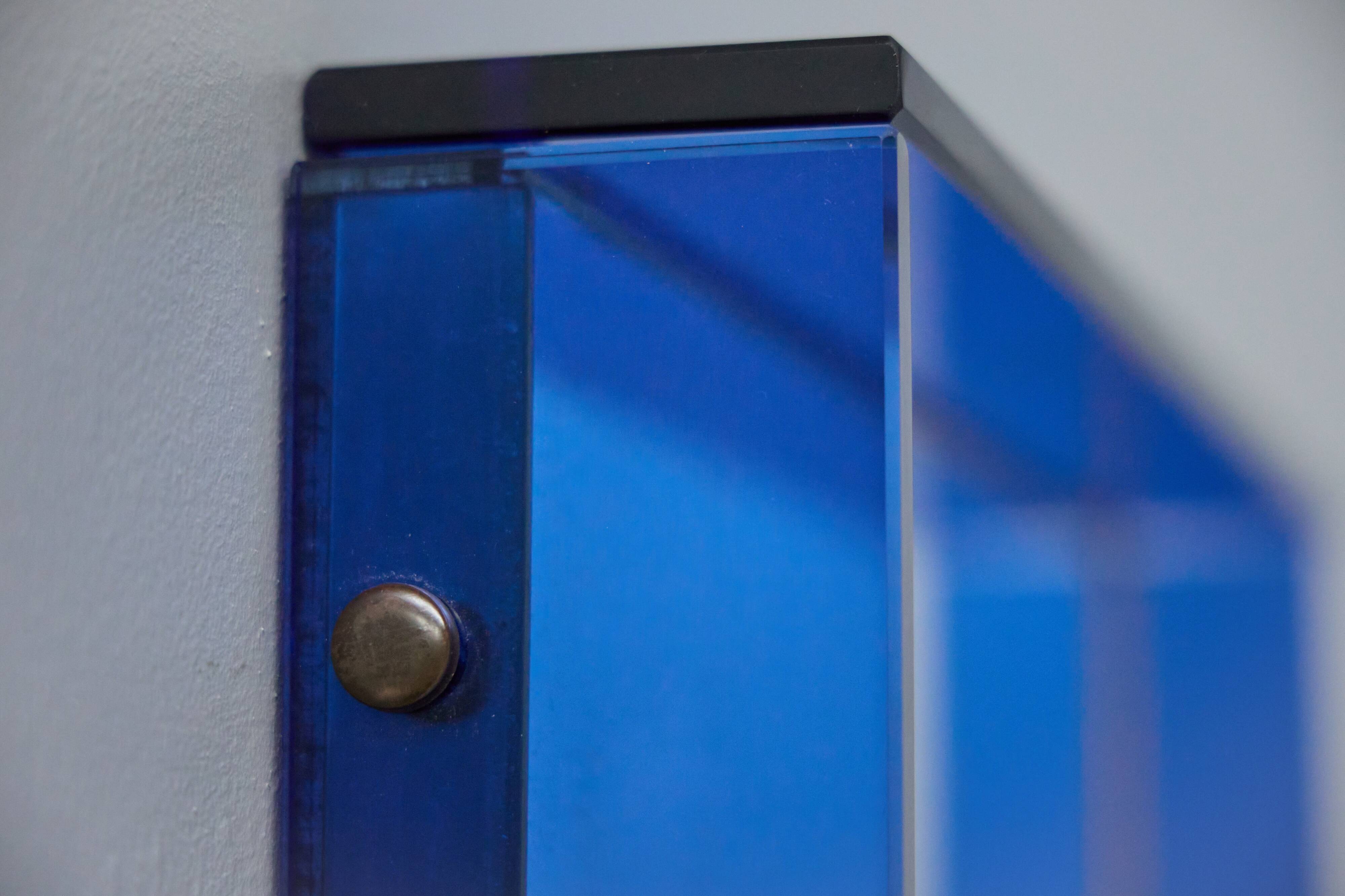 Blue Coloured and Mirrored Glass Wall Mirror, Italy, 1960s