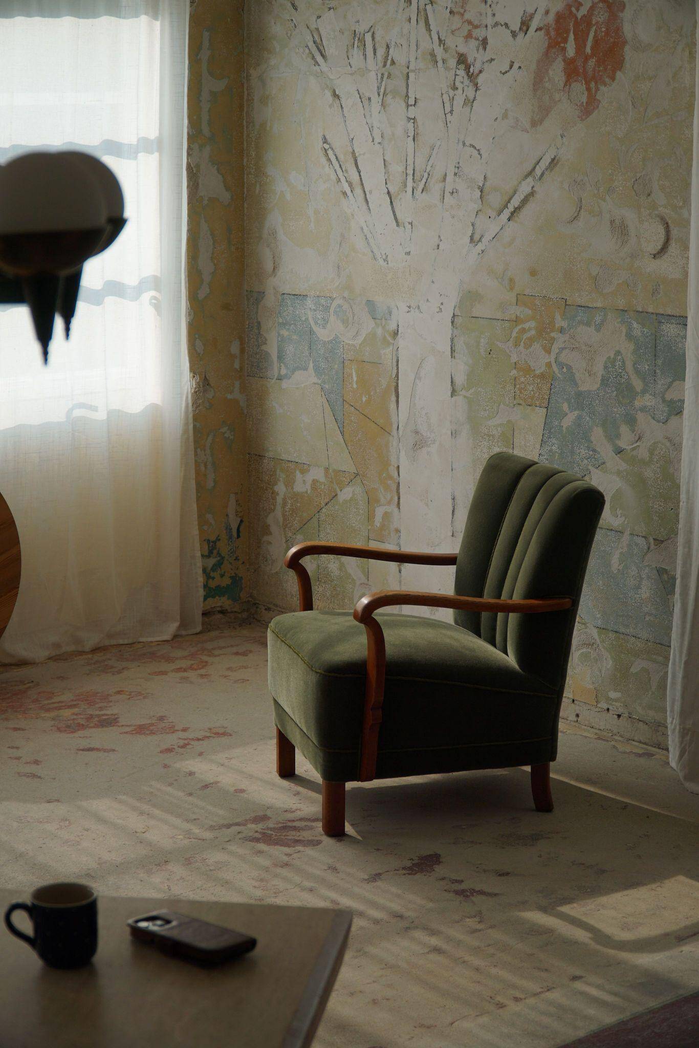 Danish Art Deco, set of 3 oak armchairs, reupholstered in green mohair, 1930s.