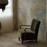 Danish Art Deco, set of 3 oak armchairs, reupholstered in green mohair, 1930s.