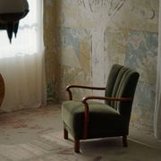 Danish Art Deco, set of 3 oak armchairs, reupholstered in green mohair, 1930s.