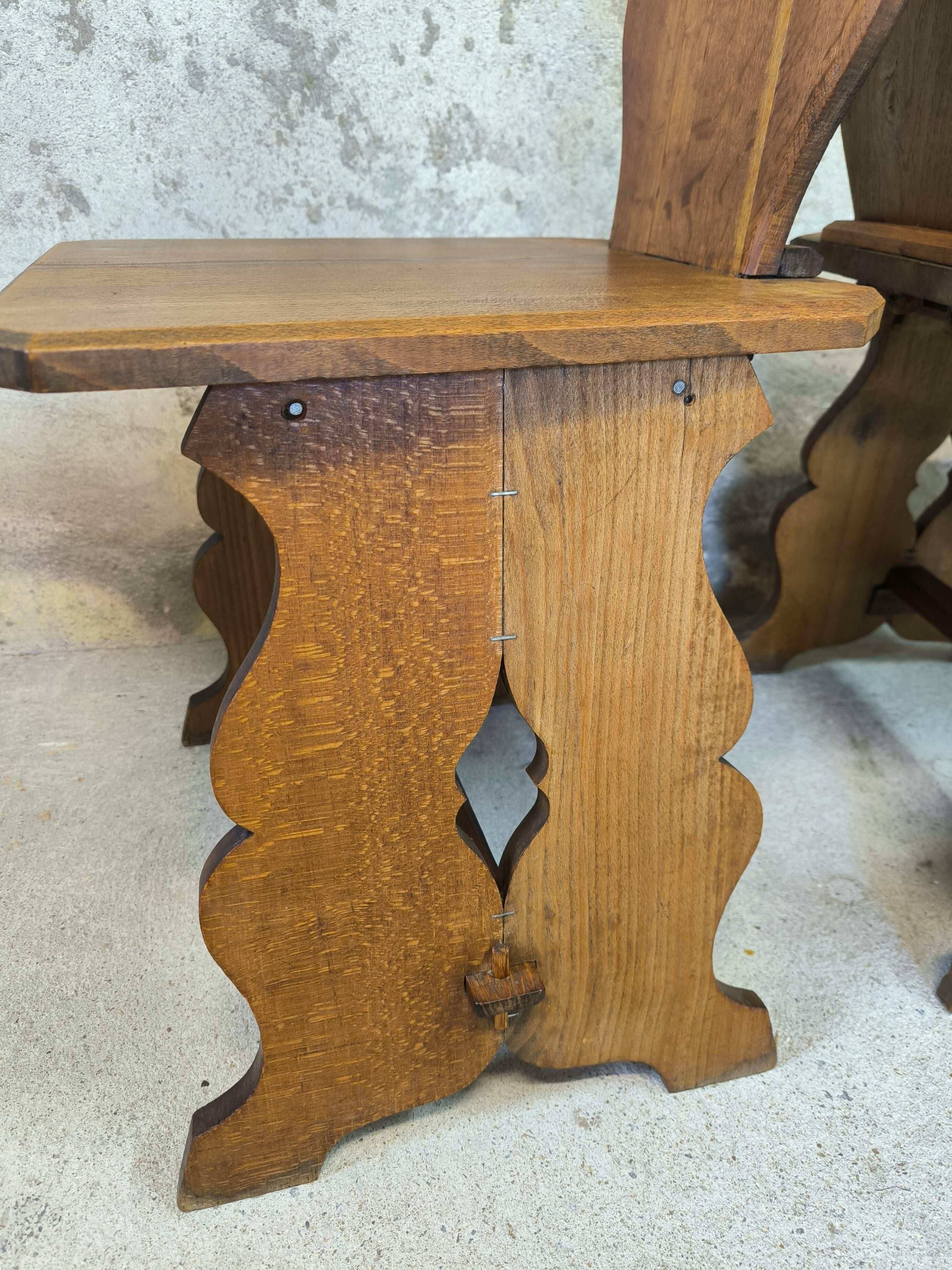 Set of six vintage brutalist wooden chairs.