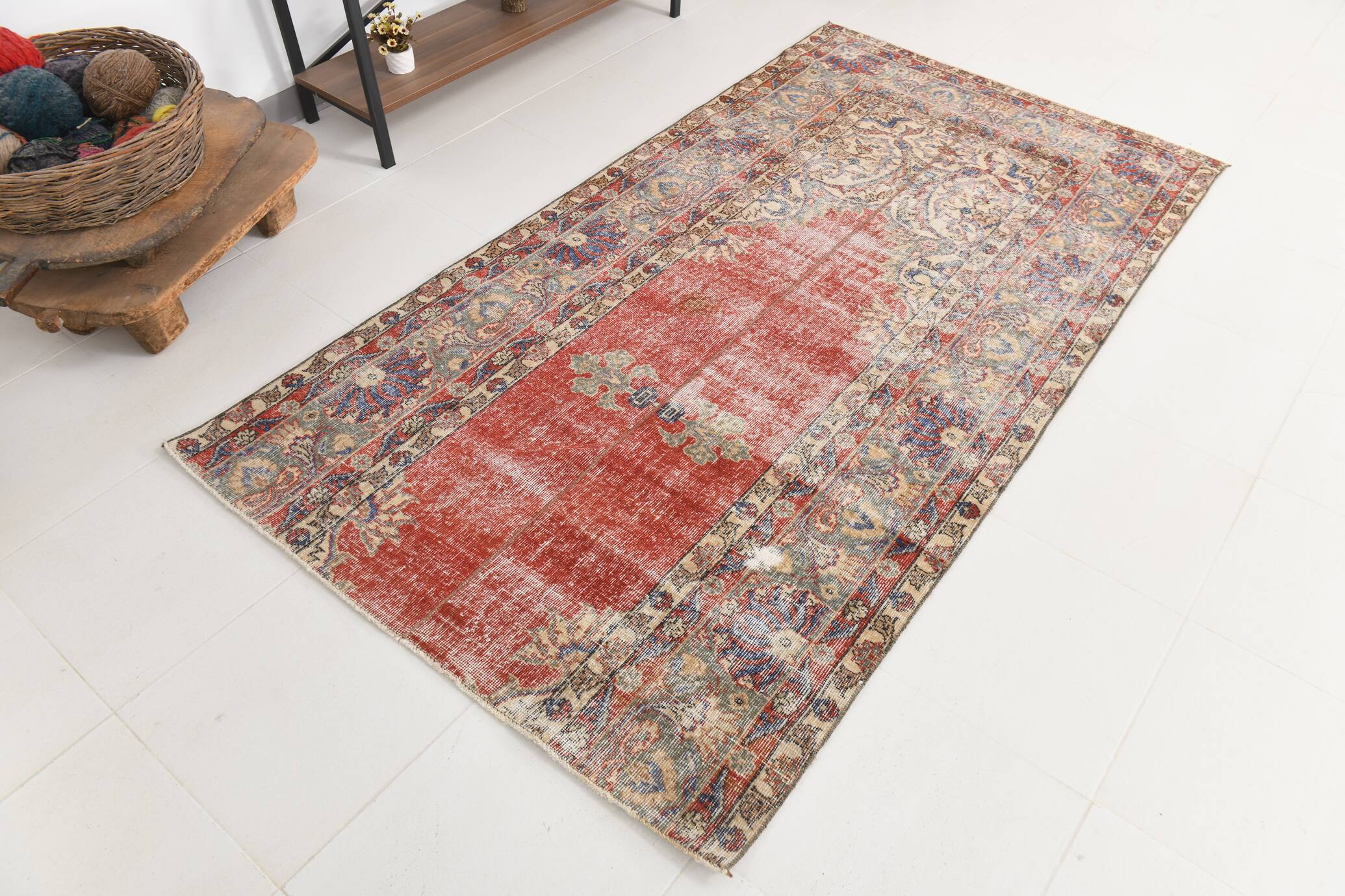 4x7 Red & Cream Vintage Area Rug 126x236Cm SK 17738