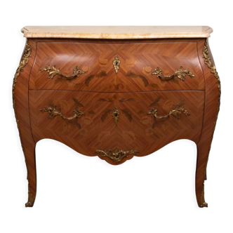 Louis XV style chest of drawers with two drawers marquetry & marble brocatelle
