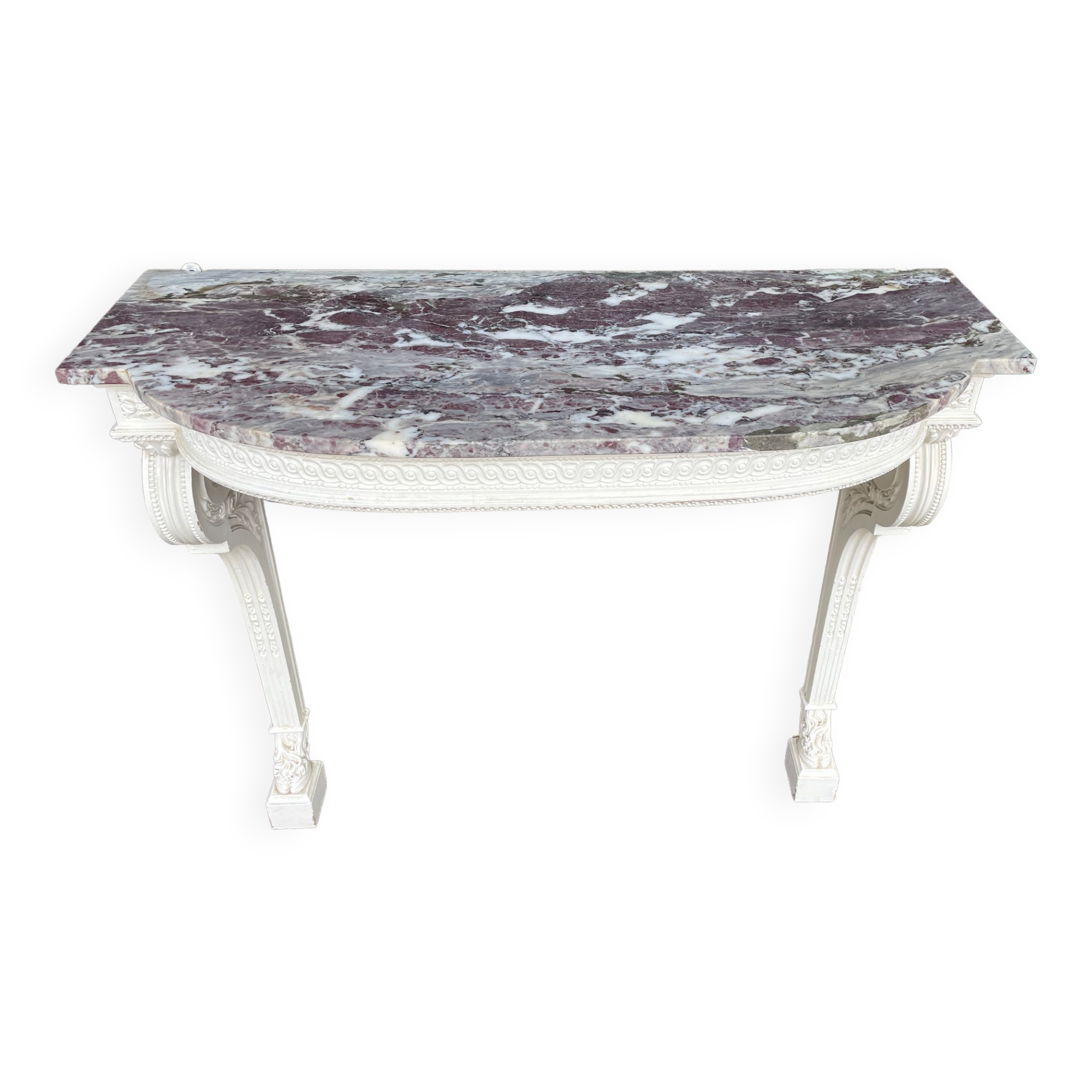 Painted wooden wall console with doe legs and interlacing. Louis XVI. Peach blossom marble
