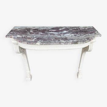 Painted wooden wall console with doe legs and interlacing. Louis XVI. Peach blossom marble