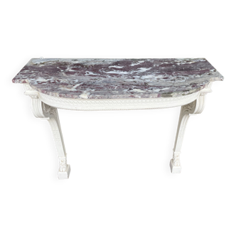 Painted wooden wall console with doe legs and interlacing. Louis XVI. Peach blossom marble