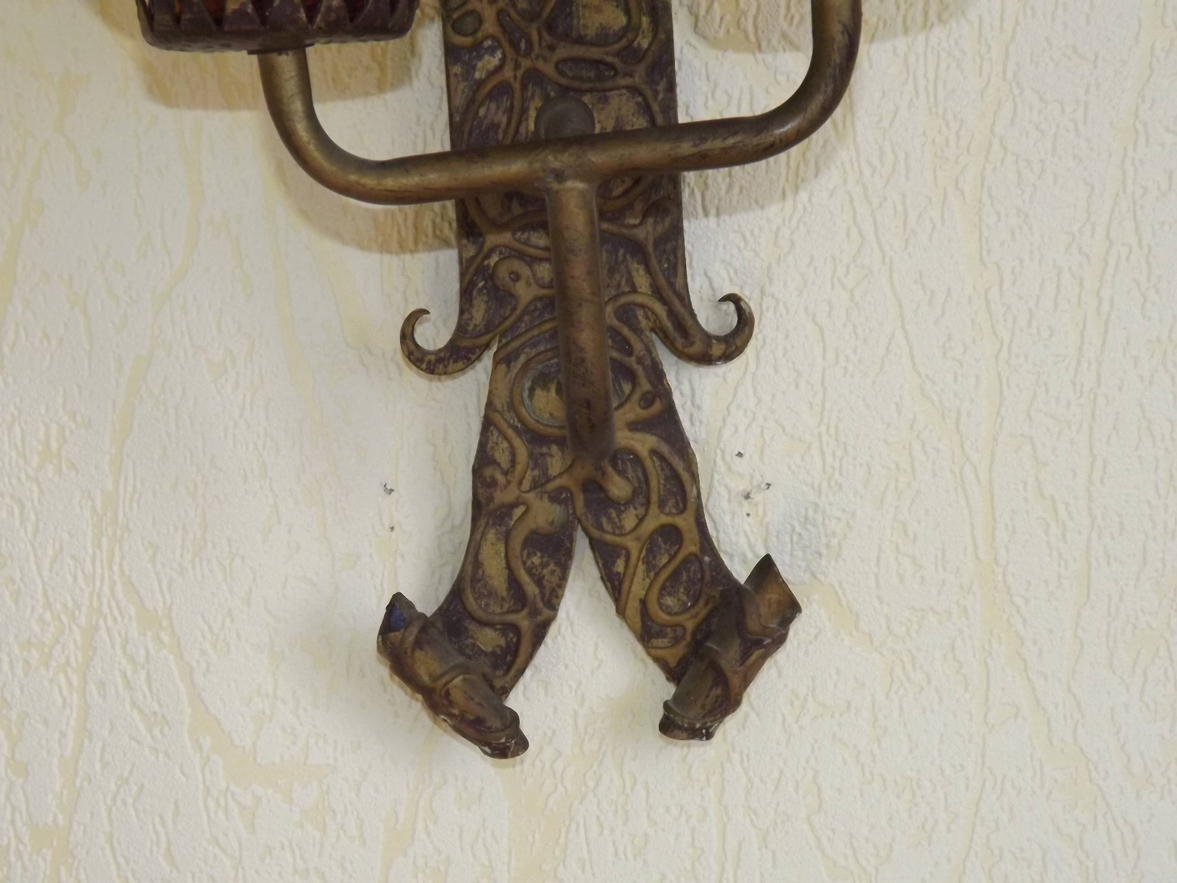 Double Hand Forged Wrought Iron Medieval Style Wall Light with Amber Glass Shade