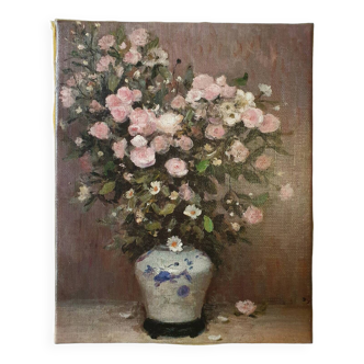 Still life painting of the bouquet in a Japanese vase signed Dyf