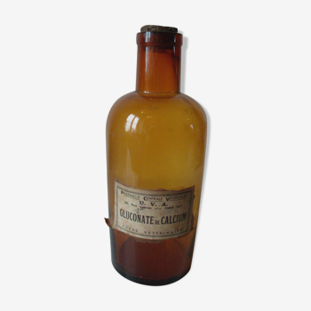 Ancien bocal pot de pharmacie apothicaire verre ambré + étiquette d'origine Calcium