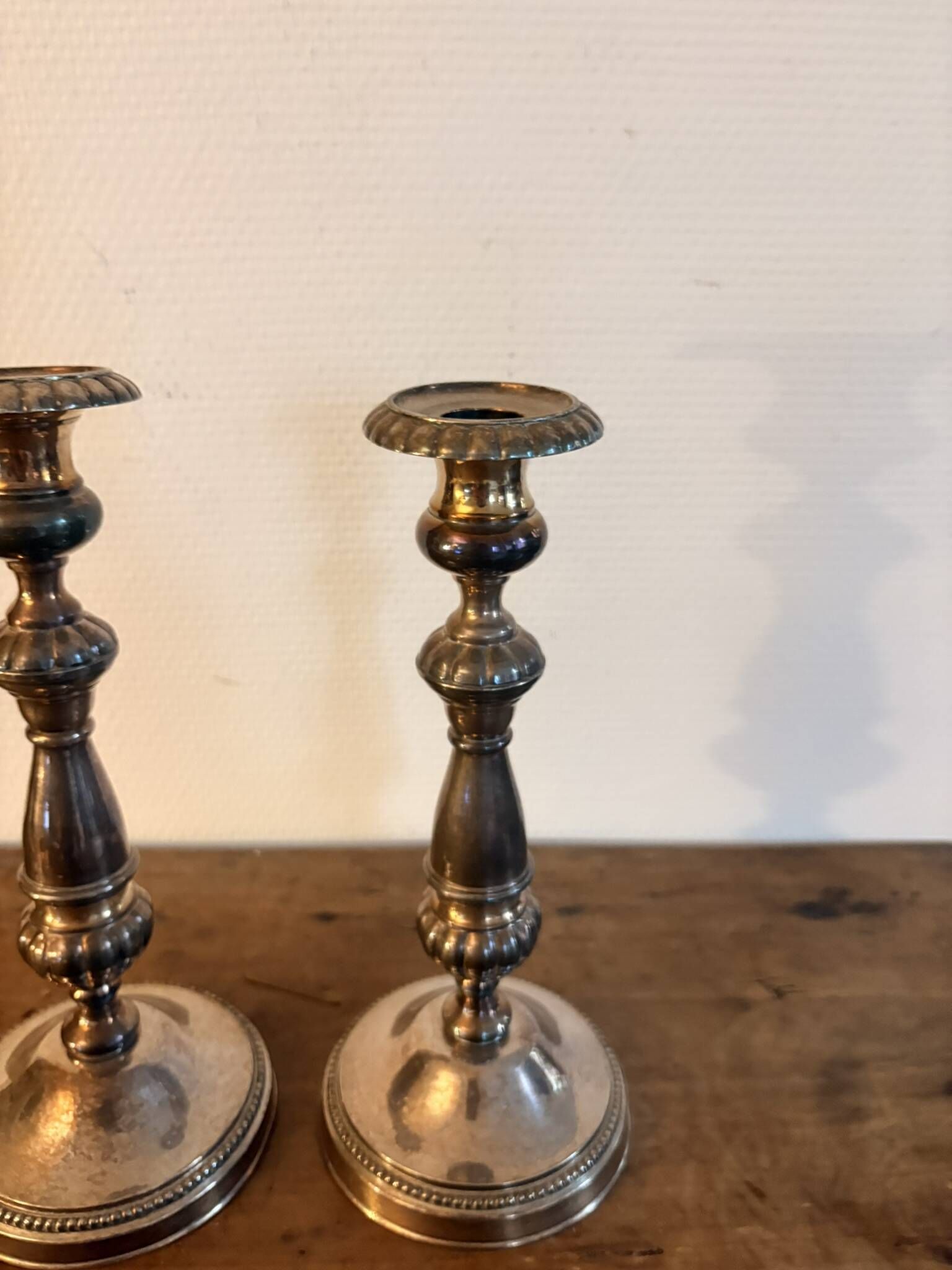 Pair of Silver-Plated Metal Candle Holders with Fluted Design in Louis XVI Style from the 19th Century