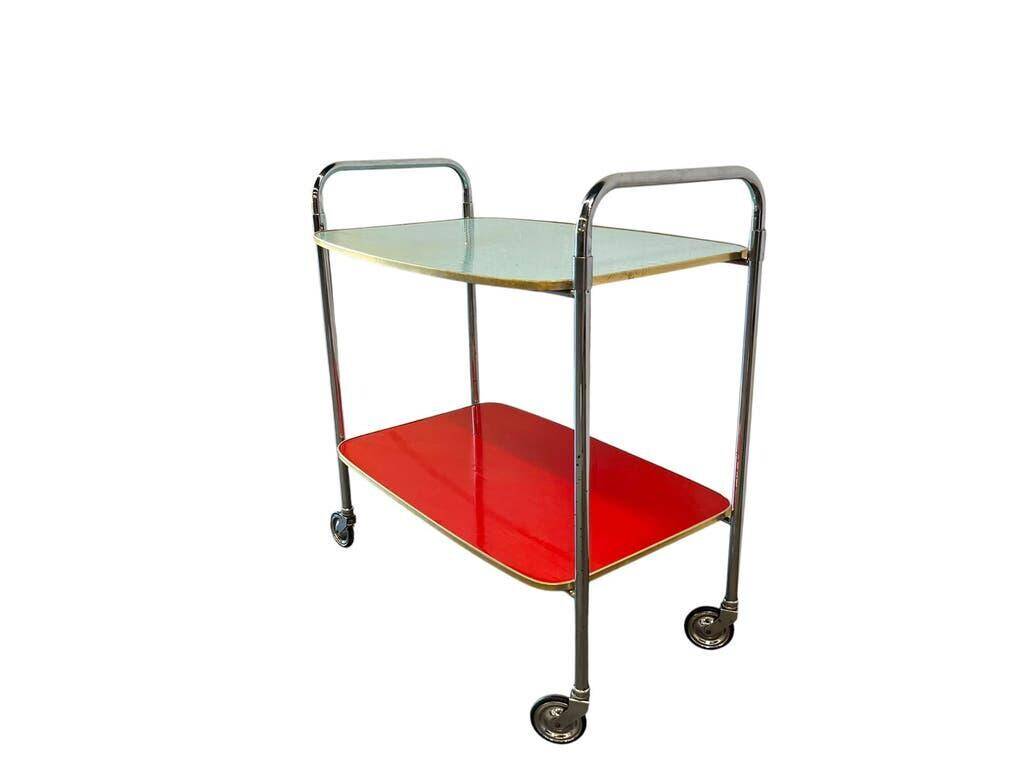 Vintage red mint and blue rolling table/bar cart/tea cart.