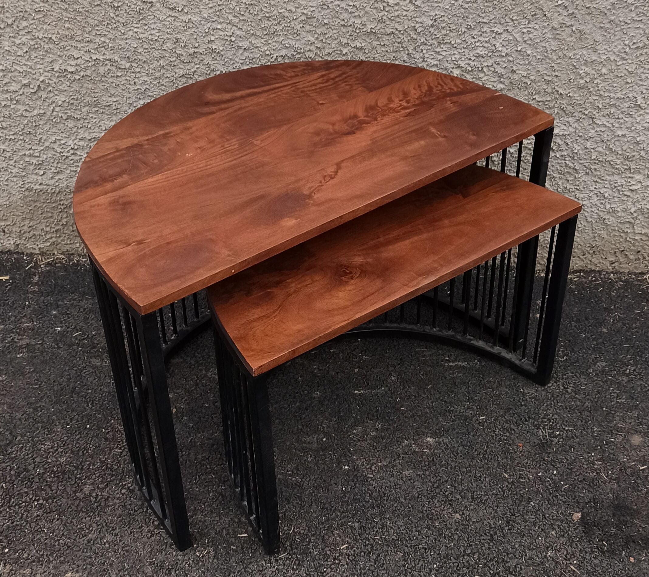 Half-circle wooden tables, metal feet